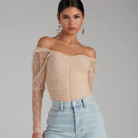 Windsor bodysuit. Mesh sleeves with polka dots. Beige. Never worn. No tags. - Picture 3 of 8